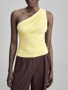 Ontre Women's Solid Color One Shoulder Asymmetric Ruched Backless Top, Versatile For Urban Commute, Business Casual, Office Wear, Teacher, Elegant For Christmas Party And Gathering - Yellow - View 6