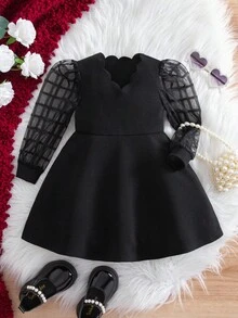 Đầm lưới kẻ caro dài tay màu đen tương phản dễ thương và thanh lịch cho bé gái - màu đen - Xem 2