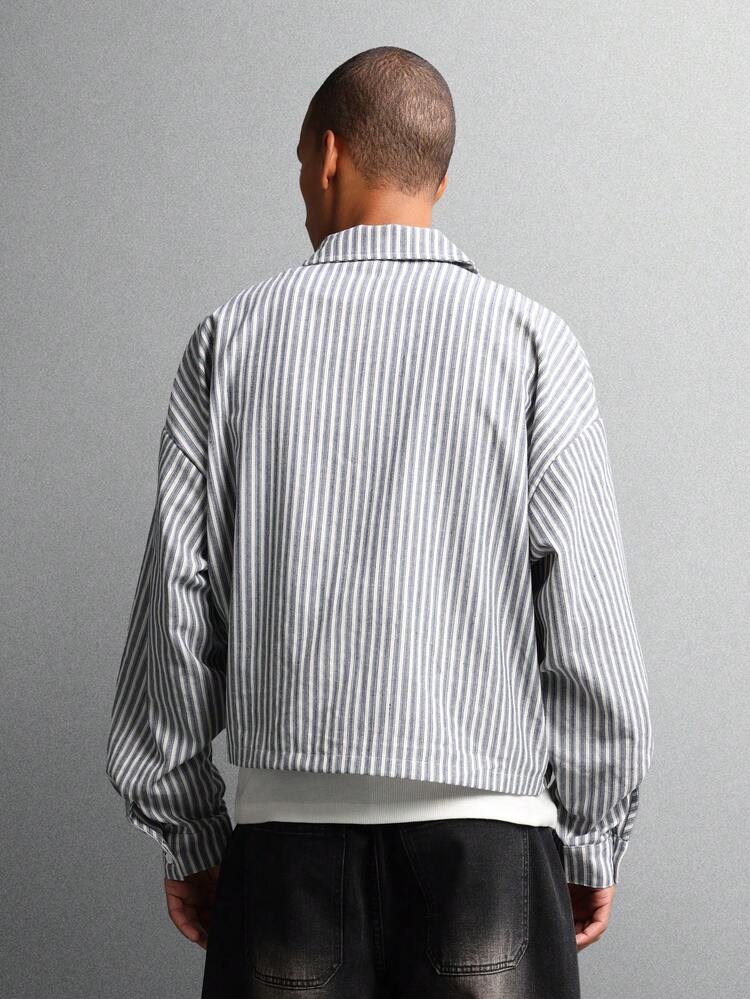 Vertical Striped Cotton Button Down Shirt With Pocket