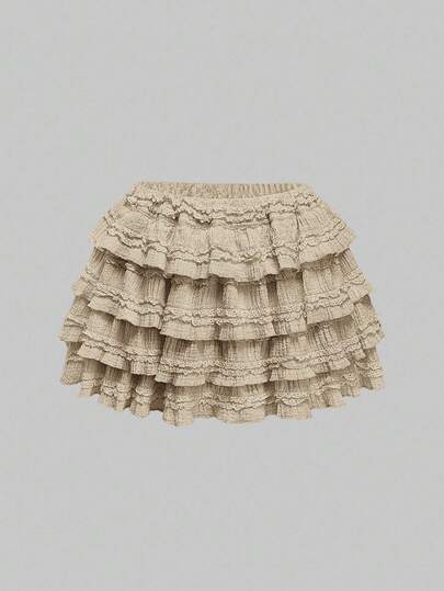 Kawaii Khaki Textured Fabric Sweet Cake Hem Patchwork Women's Low Waist Mini Skirt, Suitable For Multiple Occasions