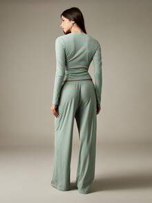 MISSGUIDED Zestaw w paski z guzikami i ściągaczem, długi rękaw, skrócony top, szerokie nogawki, strój domowy, swobodny, jesienno-zimowy, pasujący zestaw - Niebieski - Zobacz 2