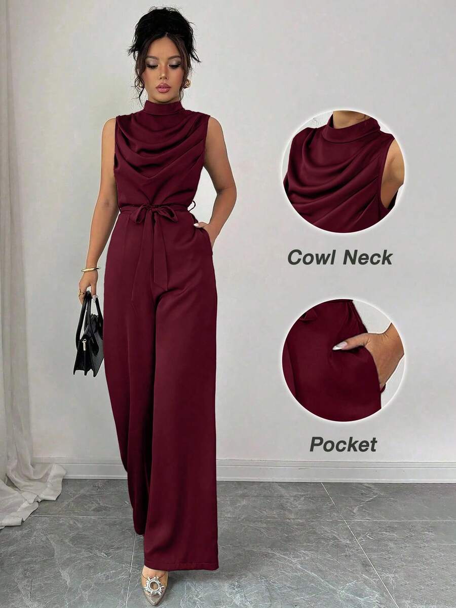 Elenzga Mono elegante sin mangas con cuello alto, plisado y volantes en la cintura, color verde, para primavera/verano - Burdeos - Ver 1