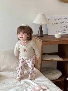 DAZY 2 Stücke Baby Mädchen Lässig Cartoon Muster Rundhals Bequemes T-Shirt und Hose Homewear Set