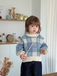 DAZY 女宝宝格子针织毛衣韩版甜美清新长袖秋冬 - 藍色 - 查看 5