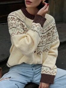 Livesso Women's Colorblock Cardigan With Fair Isle Style Winter - Beige - View 1