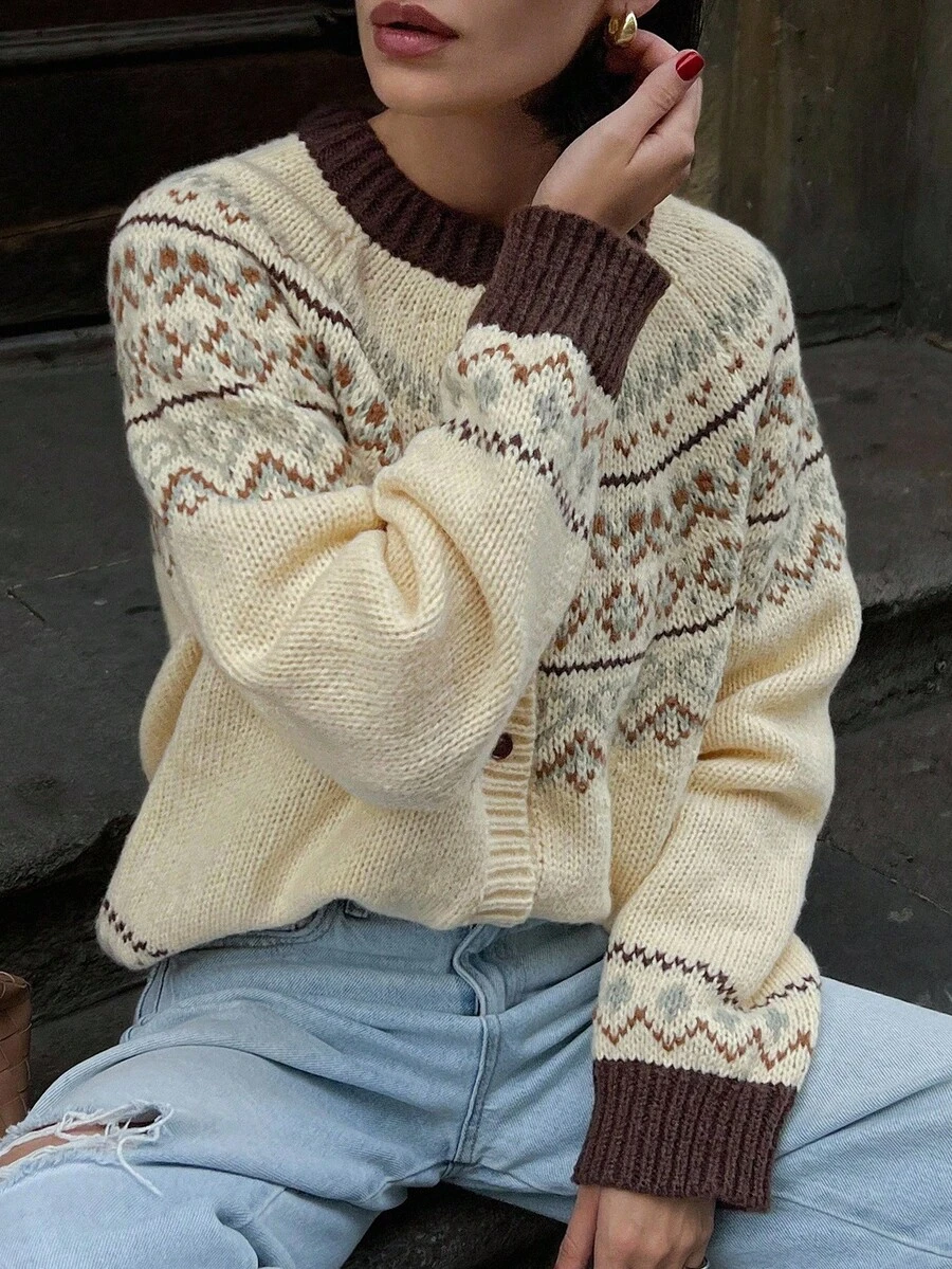 Livesso Women's Colorblock Cardigan With Fair Isle Style Winter - Beige - View 1