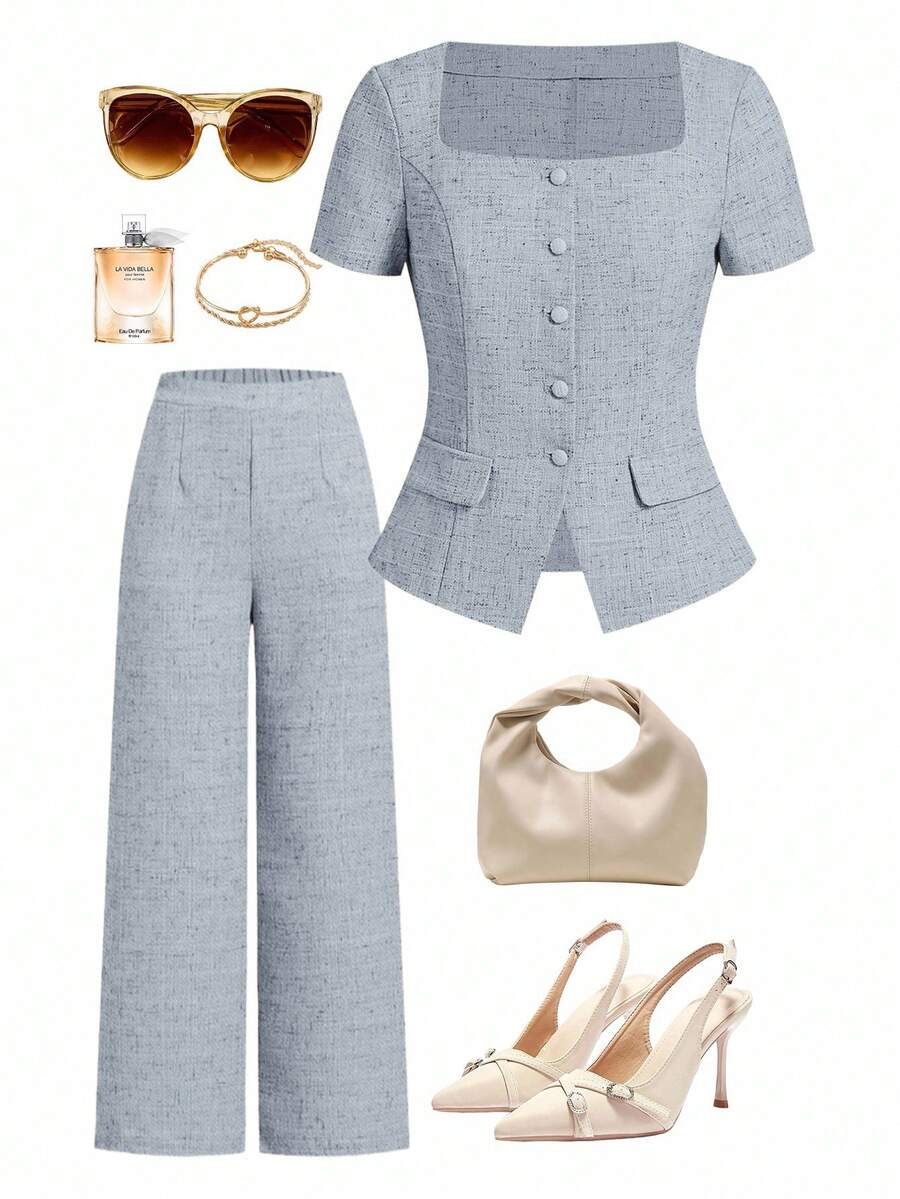 Ellevyn 女士方领短袖单排扣优雅衬衫 - 藍色 - 查看 1