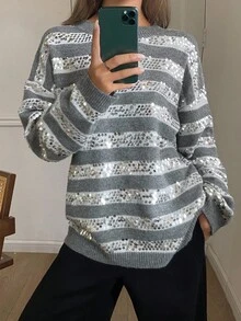 DAZY Áo len dệt kim dáng rộng cổ tròn họa tiết sọc tương phản dành cho nữ mùa thu/đông - Xám - Xem 3