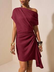 Zivah 2025夏季新款音乐节复活节母亲节婚礼季参加婚礼出席生日派对日常出游基础百搭休闲度假邮轮旅行沙滩海边日光浴网红爆款街头风优雅通勤露肩修身聚拢不对称下摆卡其色小礼服女装 - 酒紅色 - 查看 8