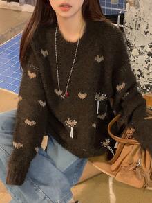 DAZY Women's Round Neck All-Over Heart Print Drawstring Pullover Casual Loose Long Sleeve Sweater Fall/Winter