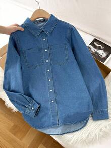 Comfortcana Patched Pocket Curved Hem Denim Shirt, Fall Women Clothes - Medium Wash - View 1