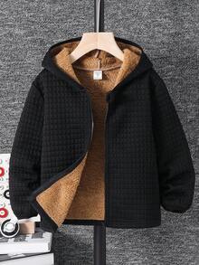 SHEIN 1. 男童休闲保暖连帽拉链外套，卫衣，夹克，冬季外套，棕色，黑色，节日，返校服装，男童服装，可爱上衣，基础款上衣，适合上学、度假、旅行、运动，适合秋冬季节 - 黑色 - 查看 3