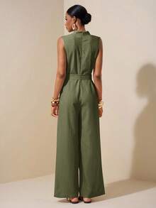 Zivah 2025春夏新款杏色无袖不对称褶皱腰带纹理亚麻连体裤-B优雅连体裤阔腿连体裤女款连体裤无袖连体裤绿色连体裤女款 - 軍綠色 - 查看 2
