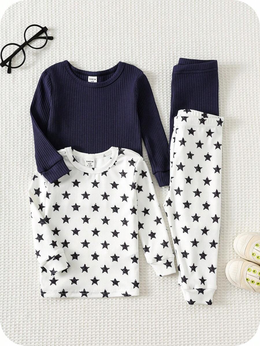 SHEIN 2 件套幼儿男孩/女孩纯色海军蓝星星印花圆领长袖 T 恤和裤子睡衣套装,修身款,经典舒适休闲基本款家居服,适合春、夏、秋、冬 - 藏蓝色 - 查看 1