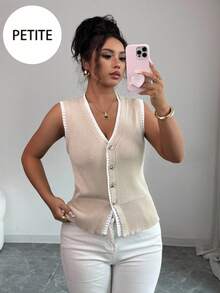 SHEIN PETITE 小号拼色 V 领无袖开衫毛衣背心 - 杏色 - 查看 1