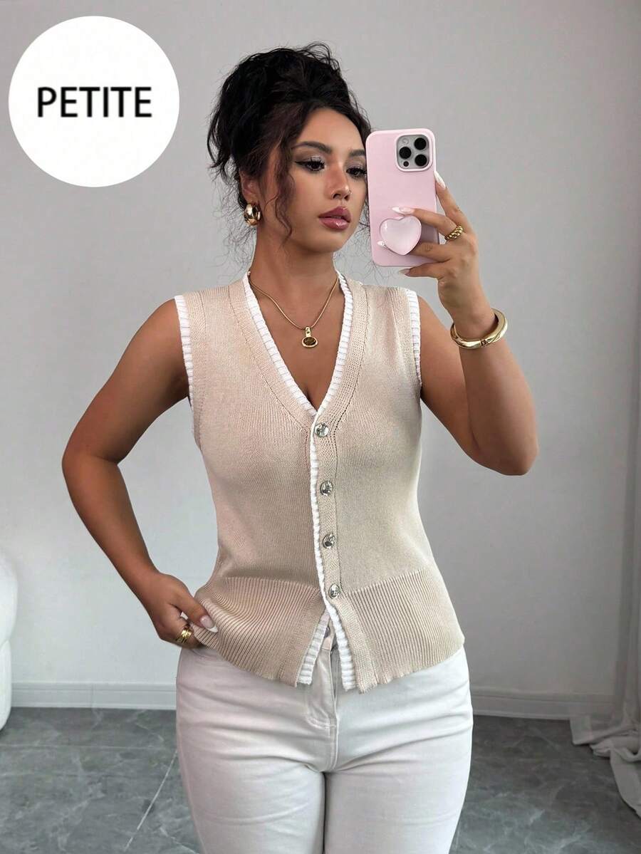 SHEIN PETITE 小号拼色 V 领无袖开衫毛衣背心 - 杏色 - 查看 1