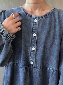FRIFUL 女式宽松休闲牛仔长袖连衣裙 - 藍色 - 查看 8