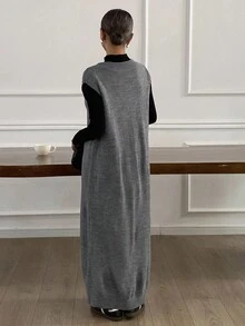 DAZY 女式休闲纯色V领无袖针织毛衣裙，秋季 - 棕色 - 查看 2