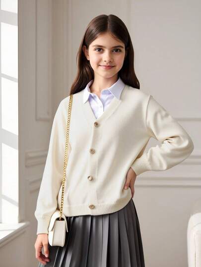 SHEIN Tween Girl Button Front Cardigan  Cropped Cardigan Girls Kids Sweaters For Girls Girls Ribbed Cardigan Tween Cardigan Scalloped Cardigan