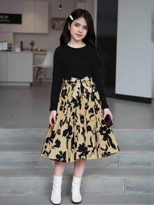 SHEIN 青少女拼色花卉圖案長袖連衣裙 - 黑色 - 查看 5