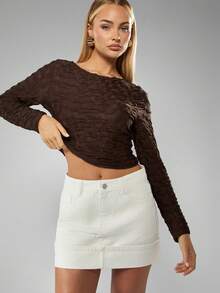 MISSGUIDED Textured Long Sleeve Crop Top Ruched Stretch Fabric Casual Pullover Fall Winter Layering Essential - Coffee Brown - View 5
