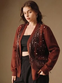 Anewsta Plus Size Tassel, Pearl Decor Long Sleeve Knitted Cardigan - Coffee Brown - View 4