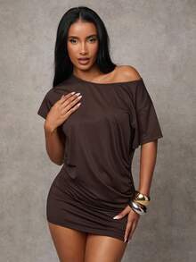 SHEIN BAE 夏季不对称领口连衣裙/棕色迷你裙适合派对/海滩度假连衣裙/夏季旅行/海岛度假连衣裙/女士生日连衣裙 - 鏽棕色 - 查看 5