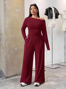 SHEIN EZwear Bộ đồ dệt kim dài tay màu đỏ rượu vang 2 món và quần dài, cỡ lớn, ôm vừa vặn - Màu Đỏ Sâu - Xem 4
