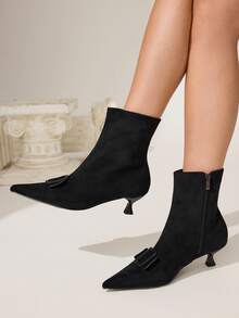 CUCCOO CHICEST Women's Fashion Kitten Heel All-Match Style Versatile Striped Metal Decor Zipper Knee-High Boots - Black - View 3