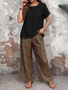 EMERY ROSE 女士休闲豹纹图案 V 领短袖 T 恤和阔腿裤两件套，适合春秋季节，非常适合度假、休闲外出 - 彩色 - 查看 4