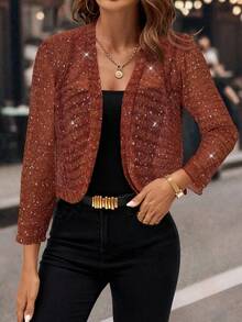 SHEIN Clasi Women's Shiny Long Sleeve Open Front Lightweight Jacket In Fall/Winter - Burnt Orange - View 7