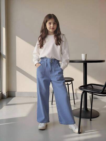SHEIN بنطلون جينز كاجوال بوهيمي للفتيات المراهقات، ذو خصر مسطح وجيوب وأرجل واسعة، مناسب للاستخدام اليومي