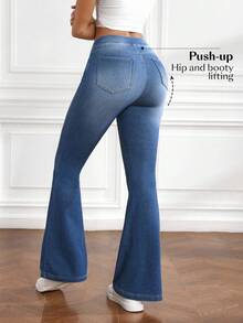 SHEIN Tall 女式松紧腰口袋喇叭裤休闲百搭牛仔裤 - 藍色 - 查看 2