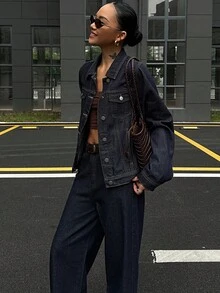 DAZY 女士休闲水洗牛仔上衣和阔腿裤套装，秋季