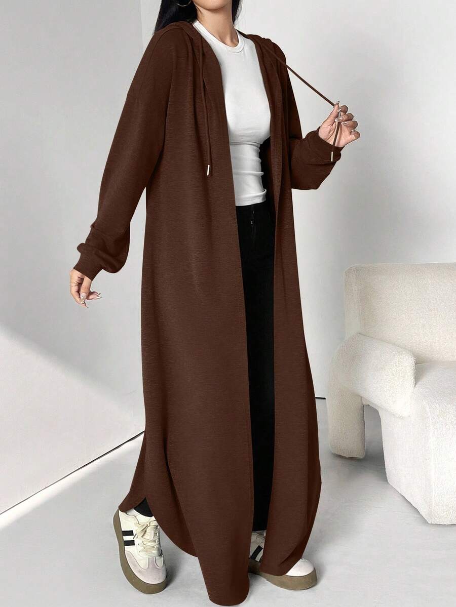 Al Najma Áo Abaya dài có mũ trùm đầu, dây rút, màu trơn, dành cho nữ, thích hợp cho mùa xuân và mùa thu, áo Abaya dài kiểu Hồi giáo thoải mái, áo cardigan dài màu nâu cho mặc hàng ngày/đi học/du lịch. - Màu nâu Sô-cô-la - Xem 1