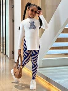 女童熊印花长袖T恤和裤子两件套 - 彩色 - 查看 4