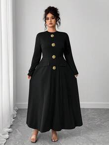 Elenzga Plus Size Women's Metal Buckle Decor Waist Cinched Round Neck Dress, Fashionable Artistic Luxurious Mature Elegant Romantic Dress Fall Cloth For Women - Black - View 5