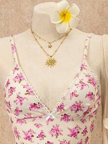 Swim Mod Women's Beach Outfit, Textured Fabric With Vintage Rose & Ditsy Floral, Sweet Lace Trim & Bow Accent, Fashionable Resort Wear, Cute Women's Swimsuit Set, Camisole Strap Bikini Pink Summer