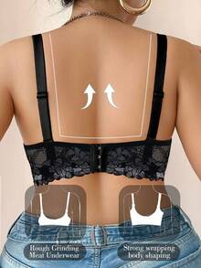 SHEIN 1 件大码女士蕾丝蝴蝶结装饰时尚钢圈文胸，提升型 - 黑色 - 查看 2