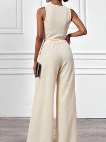 ZIRRA 2 Peças Conjunto Casual Feminino de Top Regata e Calça em Cor Sólida - Damasco - Visão 2