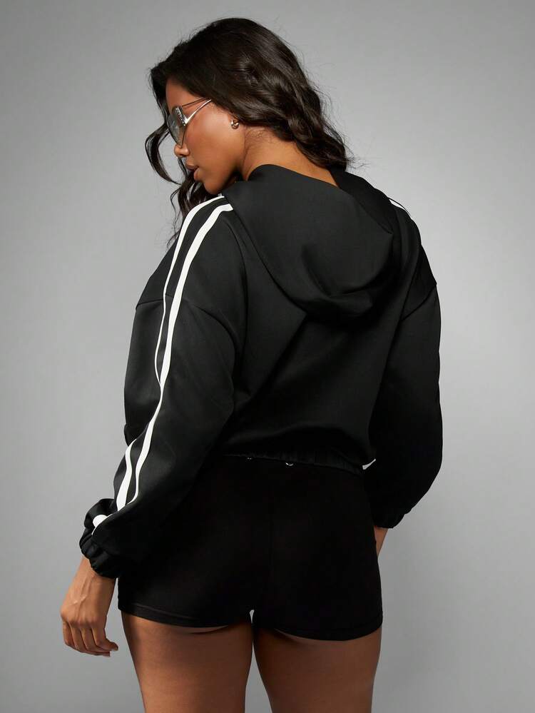 Missguided x Playboy Oversized Zip Up Hooded Sweatshirt With Athletic Stripe Detail And Centre Pocket For Casual Comfort