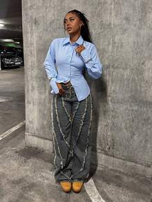 StreetHx 女式蓝色束腰 Y2K Baddie 街头服饰 2000 年代风格休闲通勤返校长袖衬衫 - 藍色 - 查看 5
