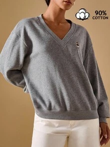 Briarwyn Fall Women's Solid Color Casual Loose Fashion Versatile V-Neck Embroidered Sweatshirt,Fall For Women,Back To School,Fall Women Old Money Style Women Casual - Dark Grey - View 3