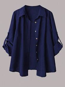 SHEIN LUNE 大码女式休闲两件套，纯色翻领单排扣休闲通勤衬衫和高腰宽松阔腿裤套装 - 藏蓝色 - 查看 6