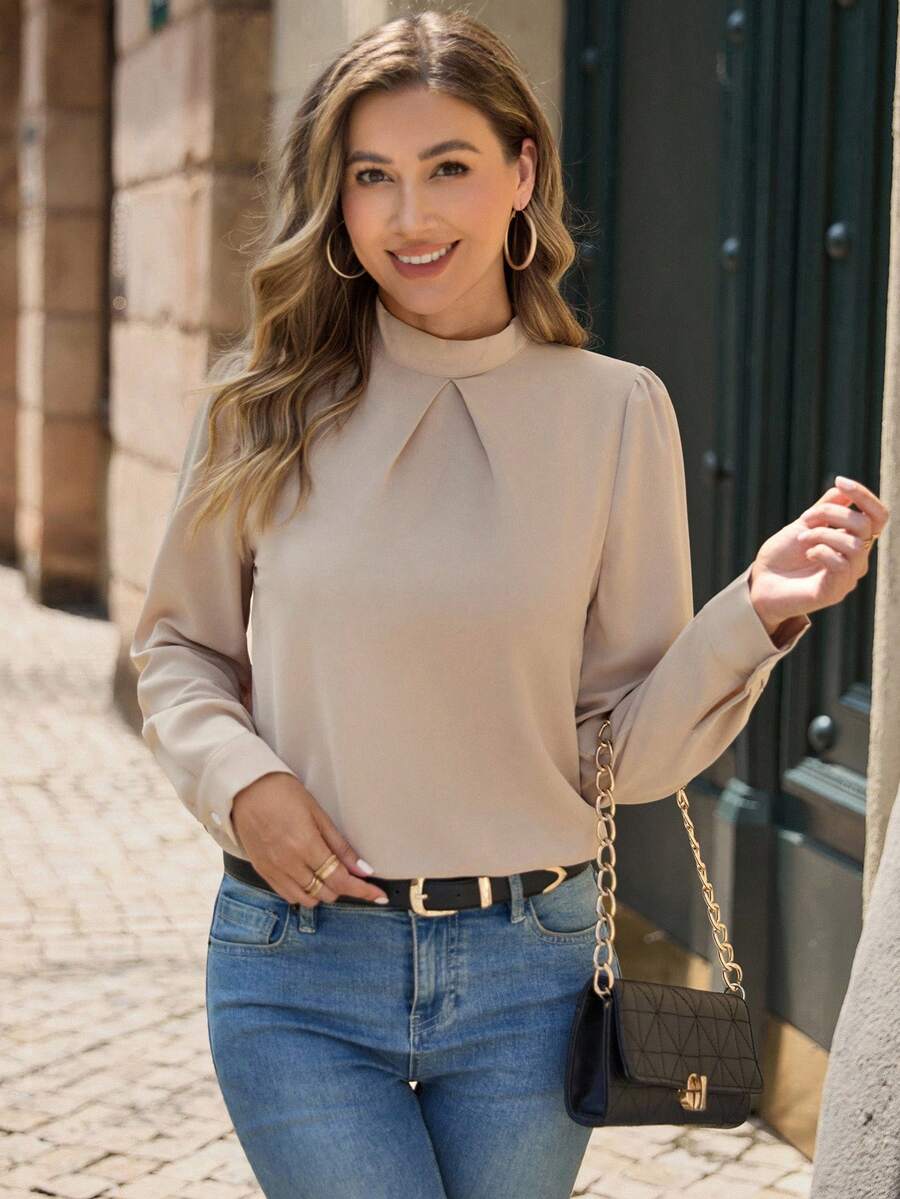 EMERY ROSE Áo sơ mi nữ Cắt ra Uốn nếp màu trơn Thanh lịch - Màu be - Xem 1