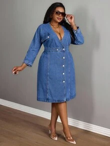 Slaydiva Váy denim hở lưng cỡ lớn dành cho nữ có dây buộc phía sau - Rửa trung bình - Xem 5