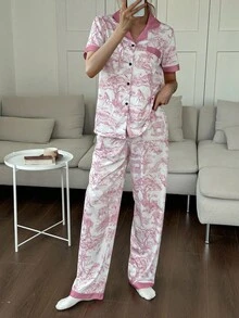 SHEIN 中国风动植物印花撞色拼布翻领短袖睡衣套装真丝睡衣套装女士睡衣套装粉色睡衣套装印花睡衣套装动物印花睡衣套装 - 粉色 - 查看 5
