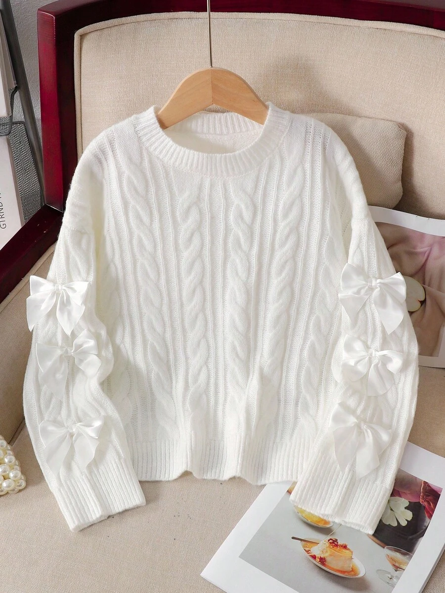 SHEIN كنزة صوفية كاجوال مريحة وجميلة مناسبة للارتداء اليومي للفتيات المراهقات، مصنوعة من الأقمشة المحبوكة بألوان متباينة مع زخرفة فيونكة - أبيض - مشاهدة 1