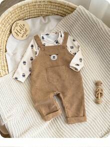 Newborn Baby Boy Cute Casual Versatile Cartoon Pattern Long Sleeve Jumpsuit Set Fall Winter - Apricot - View 2