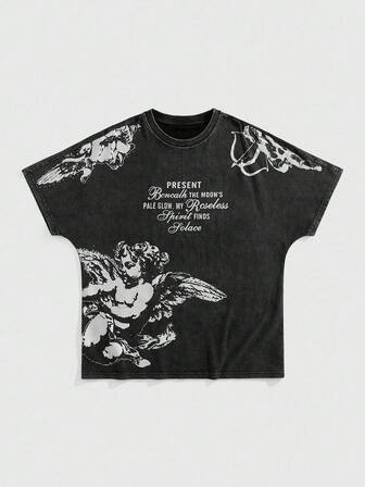 Goth Herren Vintage Engel Muster Loose Fit Streetwear T-Shirt, 2000er Jahre Stil